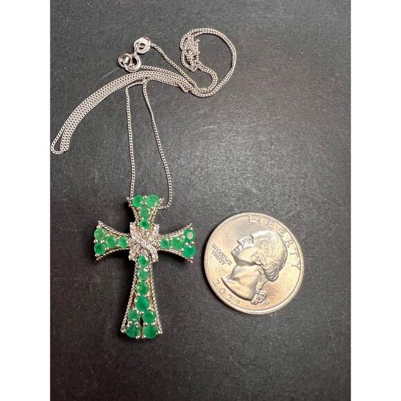 Emerald and zircon sterling silver cross pendant with 20 inch chain - Picture 7 of 12